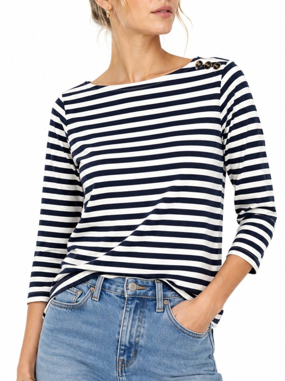 J. McLaughlin Black and White Striped Boatneck 3/4 Sleeve Top S